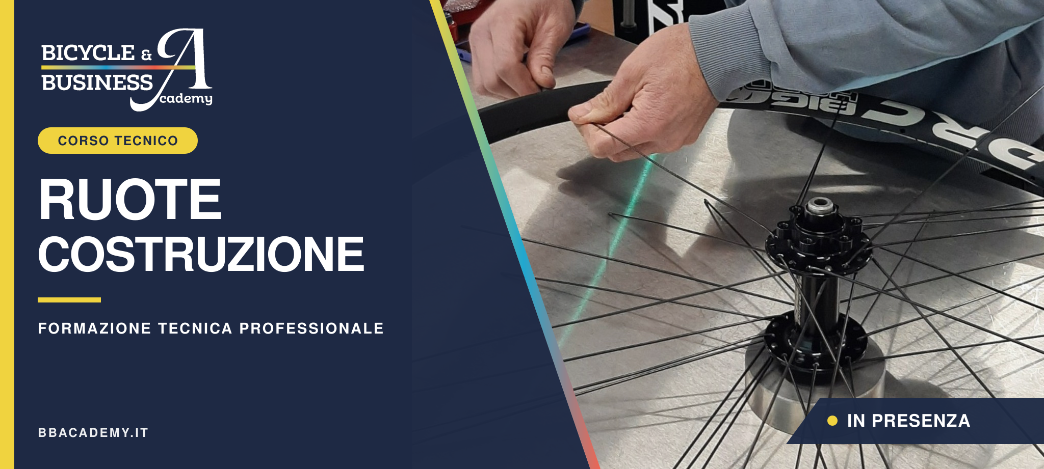 Corso Ruote Costruzione di BB Academy: mozzo, raggi e cerchio durante la costruzione di una ruota da bicicletta