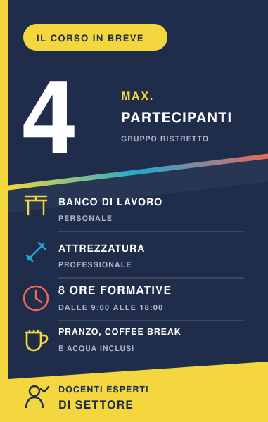 Informazioni sui corsi tecnici BB Academy: massimo 4 partecipanti, banco personale, attrezzatura professionale e 8 ore di formazione.