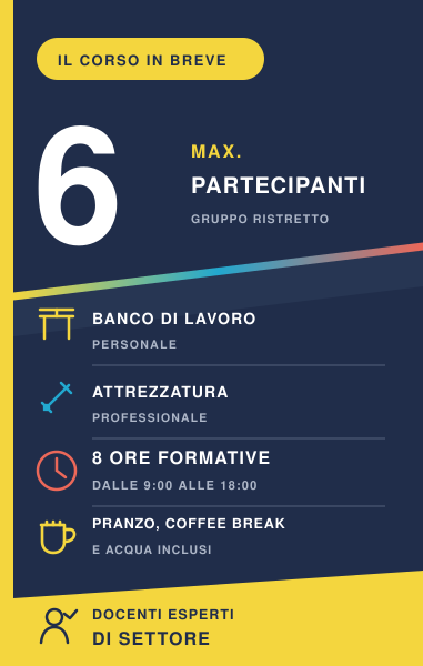 Informazioni sui corsi tecnici BB Academy: massimo 6 partecipanti, banco personale, attrezzatura professionale e 8 ore di formazione.
