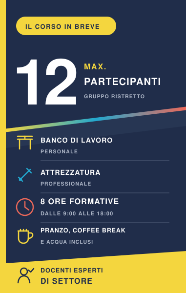 Informazioni sui corsi tecnici BB Academy: massimo 12 partecipanti, banco personale, attrezzatura professionale e 8 ore di formazione.